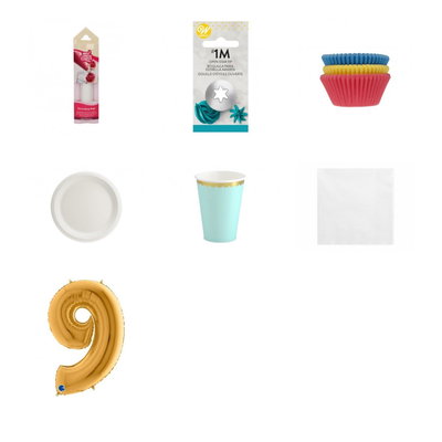 9-årskalas, Bakkalas – dekorera cupcakes, kalaspaket, 6 gäster – paketets produkter med sifferballong 100 cm