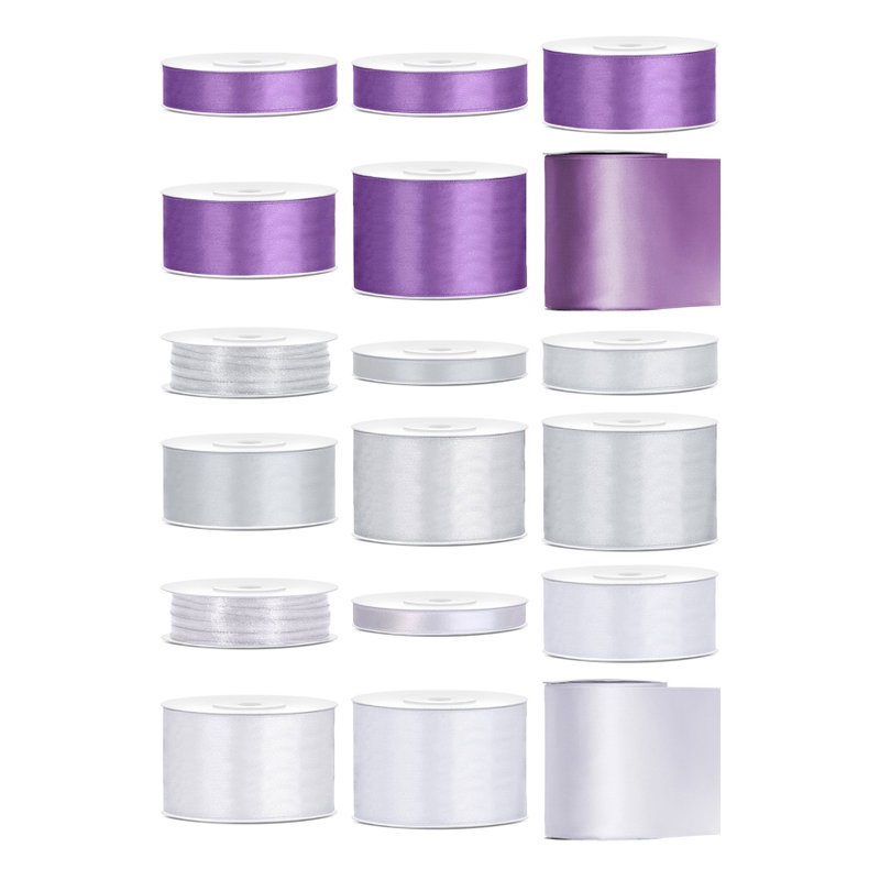 Satinbandspaket – Lavendel och silver – Stor – 18 rullar – hela paketet
