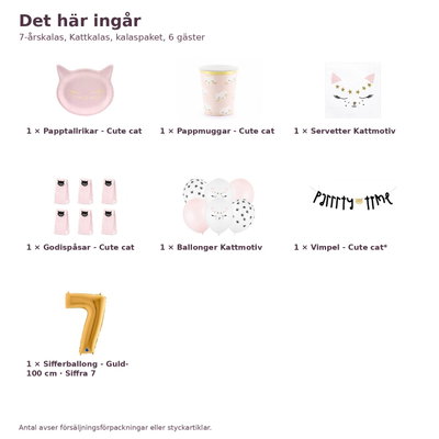 7-årskalas, Kattkalas, kalaspaket, 6 gäster – innehåll och antal, sifferballong 100 cm