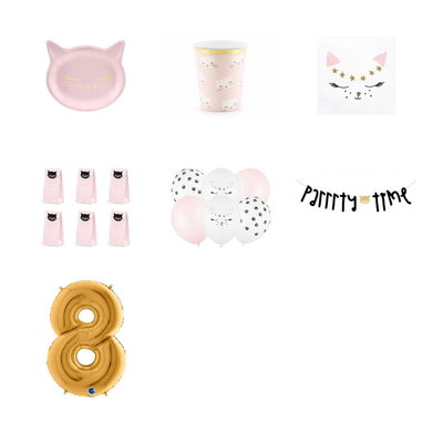 8-årskalas, Kattkalas, kalaspaket, 6 gäster – paketets produkter med sifferballong 100 cm
