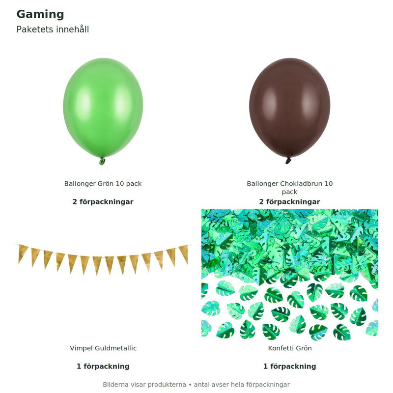 Gaming – dekorationspaket grönt/brunt – Stort – innehåll och antal
