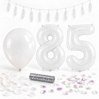85-års festpaket, Vitt, Stor – paketets dekorationer på vit bakgrund