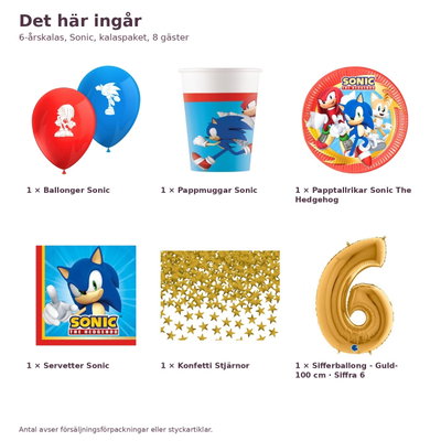 6-årskalas, Sonic, kalaspaket, 8 gäster – innehåll och antal, sifferballong 100 cm