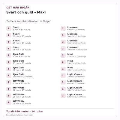 Det här ingår – Satinbandspaket – Svart och guld – Maxi – 24 rullar
