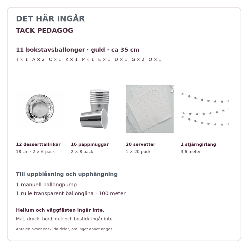 Innehåll och exakta antal – TACK PEDAGOG, 35 cm bokstäver och dukning för 12