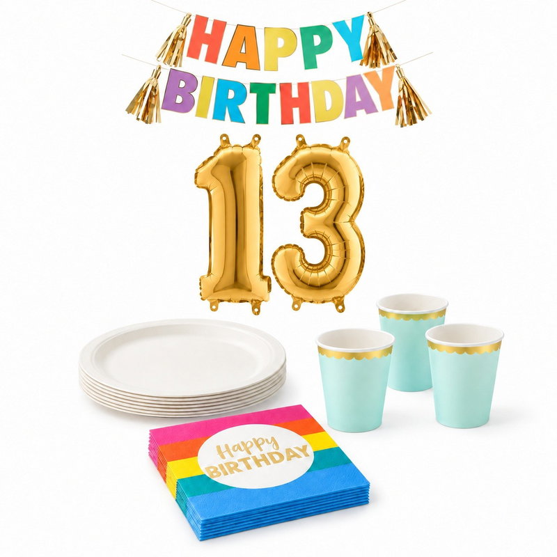 13-årskalas, Festivaltema – regnbåge och fest, kalaspaket, 6 gäster – paketets produkter