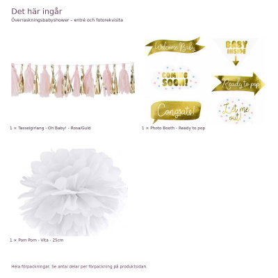 Överraskningsbabyshower – entré och fotorekvisita – exakt innehåll och antal förpackningar