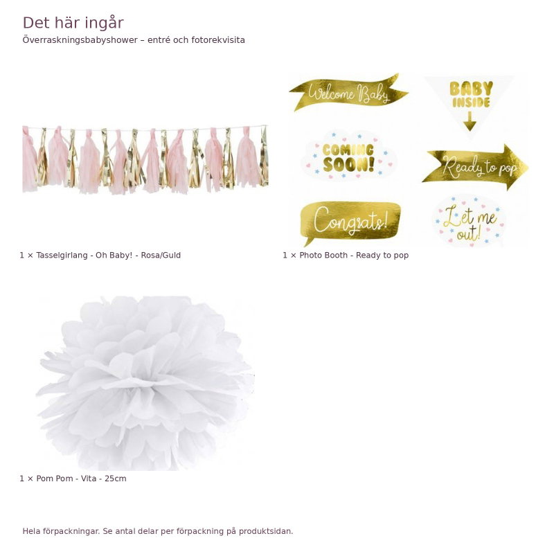 Överraskningsbabyshower – entré och fotorekvisita – exakt innehåll och antal förpackningar