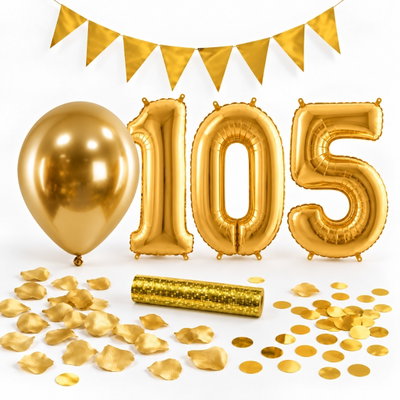 105-års festpaket, Guld, Stor – paketets dekorationer på vit bakgrund