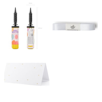 Babyshower – förberedelsepaket – pump, band och placeringskort – samlad produktbild på vit bakgrund