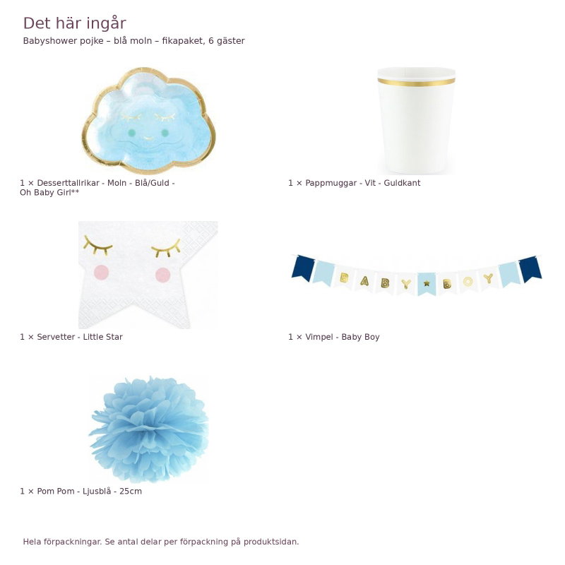 Babyshower pojke – blå moln – fikapaket, 6 gäster – innehåll och antal förpackningar