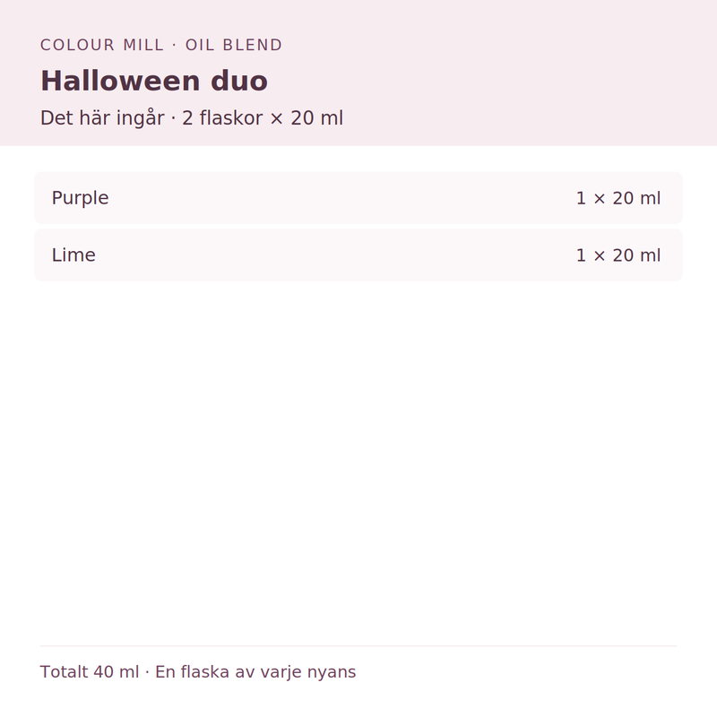 Paketinnehåll: 1 × Purple 20 ml, 1 × Lime 20 ml