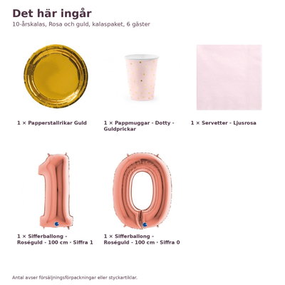 10-årskalas, Rosa och guld, kalaspaket, 6 gäster – innehåll och antal, sifferballong 100 cm