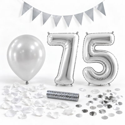 75-års festpaket, Silver, Stor – paketets dekorationer på vit bakgrund