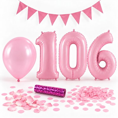 106-års festpaket, Rosa, Stor – paketets dekorationer på vit bakgrund