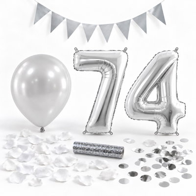 74-års festpaket, Silver, Stor – paketets dekorationer på vit bakgrund