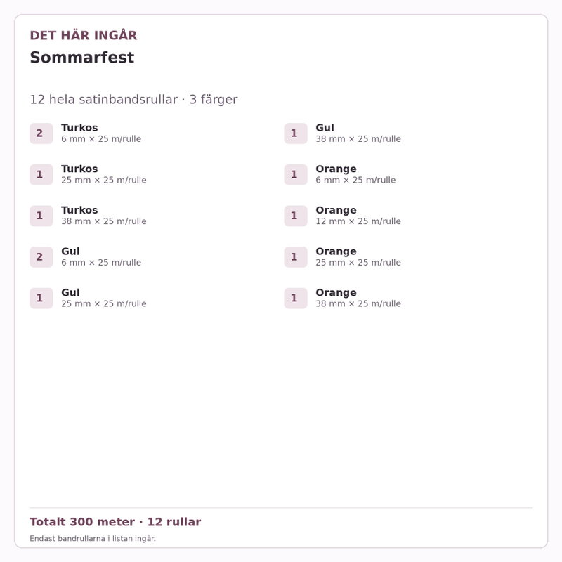 Det här ingår – Satinbandspaket – Sommarfest – 12 rullar
