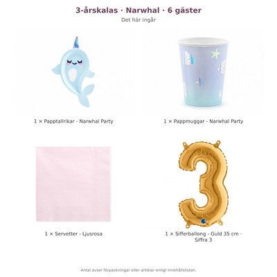 3-årskalas, Narwhal, kalaspaket, 6 gäster – innehåll och antal förpackningar