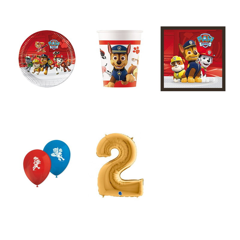 2-årskalas, Paw Patrol, kalaspaket, 8 gäster – paketets produkter med sifferballong 100 cm