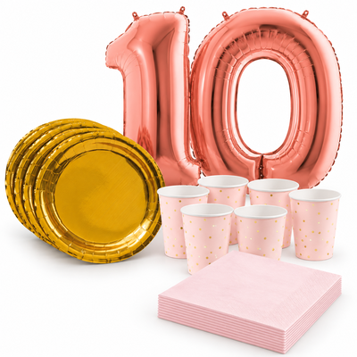 10-årskalas, Rosa och guld, kalaspaket, 6 gäster – samlat paketinnehåll
