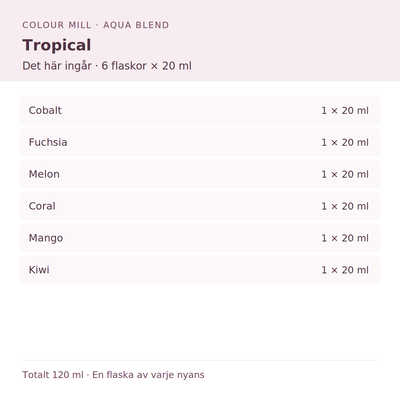 Paketinnehåll: 1 × Cobalt 20 ml, 1 × Fuchsia 20 ml, 1 × Melon 20 ml, 1 × Coral 20 ml, 1 × Mango 20 ml, 1 × Kiwi 20 ml