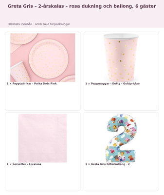 Greta Gris – 2-årskalas – rosa dukning och ballong, 6 gäster – innehåll och antal