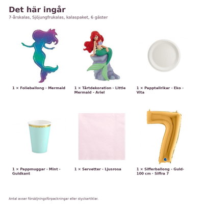 7-årskalas, Sjöjungfrukalas, kalaspaket, 6 gäster – innehåll och antal, sifferballong 100 cm