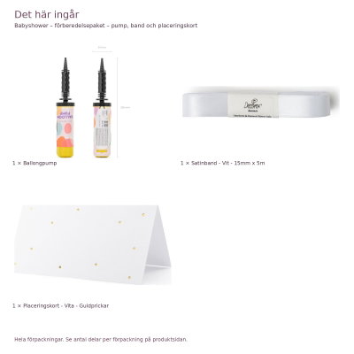 Babyshower – förberedelsepaket – pump, band och placeringskort – exakt innehåll och antal förpackningar