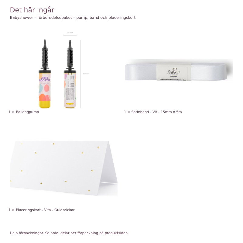 Babyshower – förberedelsepaket – pump, band och placeringskort – exakt innehåll och antal förpackningar