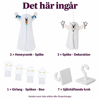 Det här ingår: Spökparaden i taket – honeycomb, pappersspöken och girlang