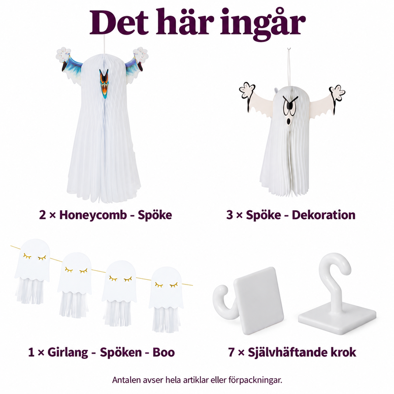 Det här ingår: Spökparaden i taket – honeycomb, pappersspöken och girlang