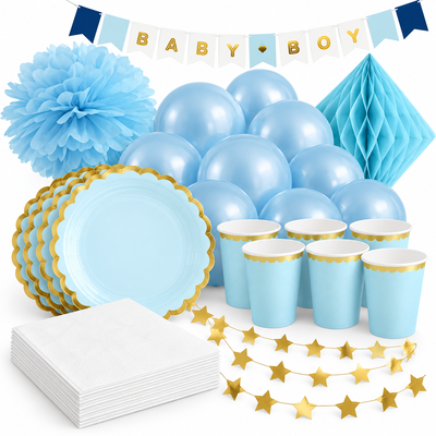 Babyshower pojke – blå och guld – fika och dekorationer, 6 gäster – samlat paketinnehåll