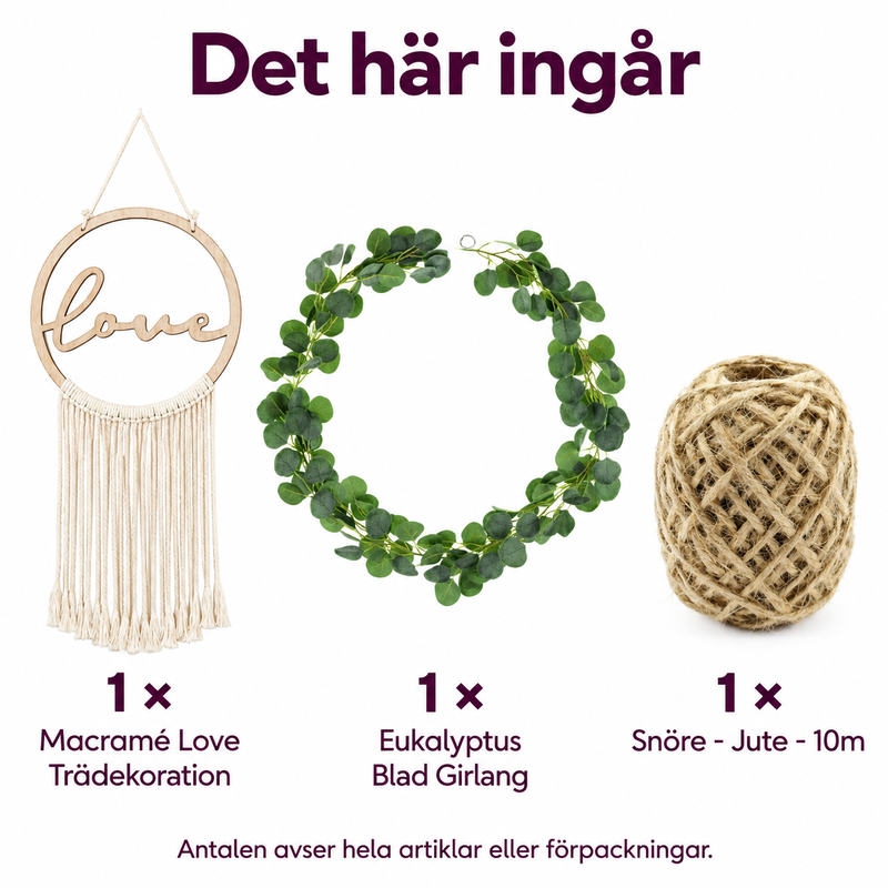 Grön makramévägg – återanvändbar hängande dekoration – innehåll och antal