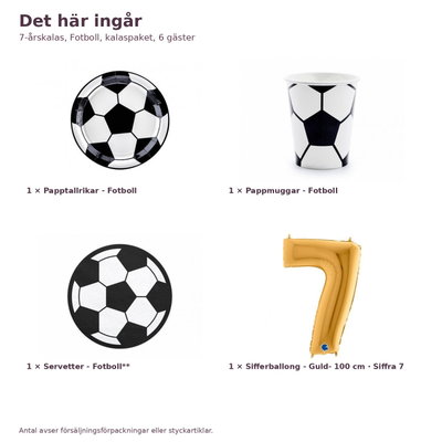 7-årskalas, Fotboll, kalaspaket, 6 gäster – innehåll och antal, sifferballong 100 cm