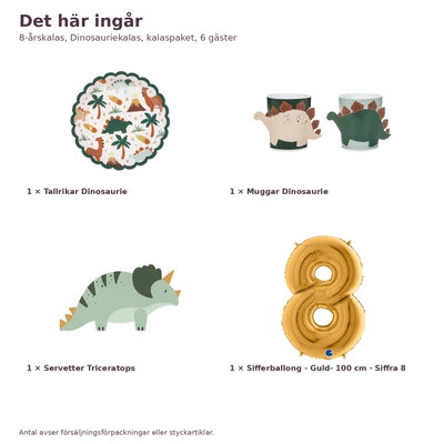 8-årskalas, Dinosauriekalas, kalaspaket, 6 gäster – innehåll och antal, sifferballong 100 cm