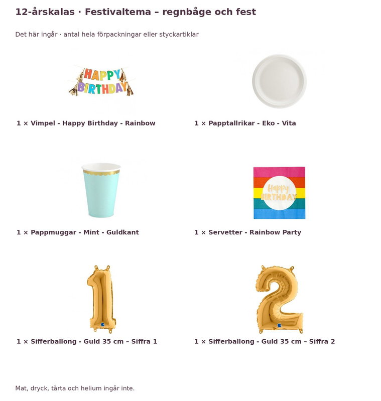 12-årskalas, Festivaltema – regnbåge och fest, kalaspaket, 6 gäster – innehåll och antal förpackningar