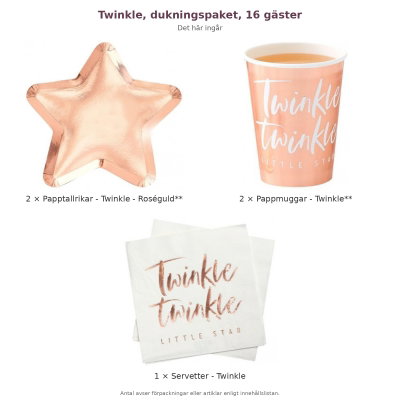 Twinkle, dukningspaket, 16 gäster – innehåll och antal förpackningar