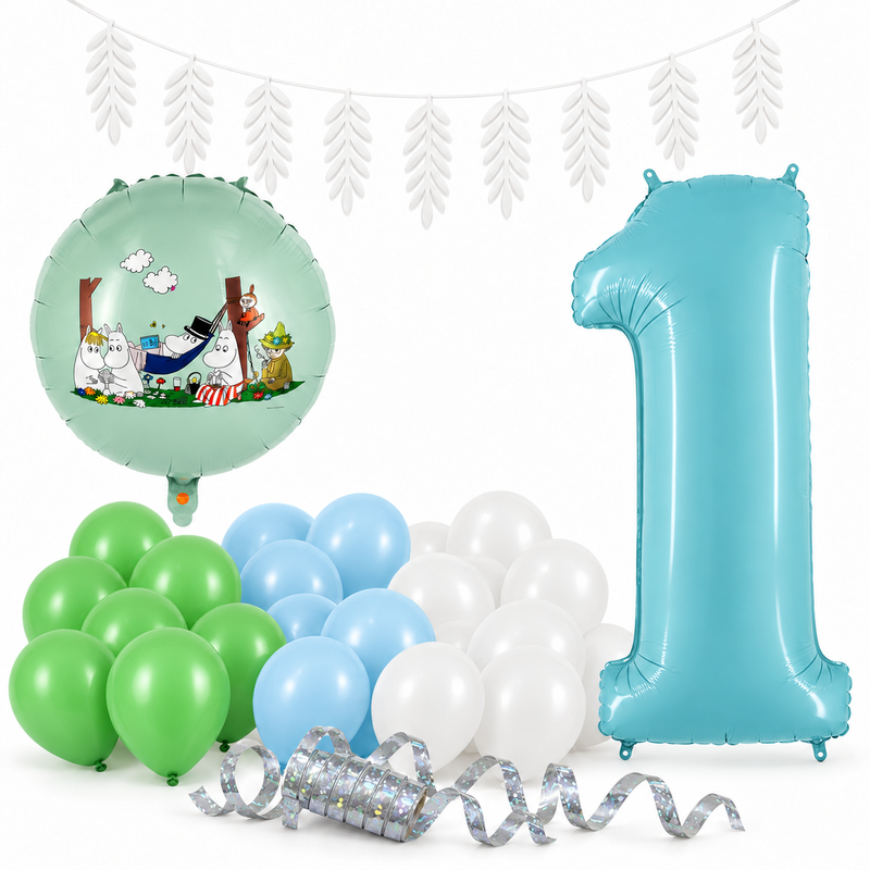 Mumin 1 år – dekorationspaket Mumindalen – paketets produkter