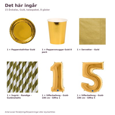 15-årskalas, Guld, kalaspaket, 8 gäster – innehåll och antal, sifferballong 100 cm