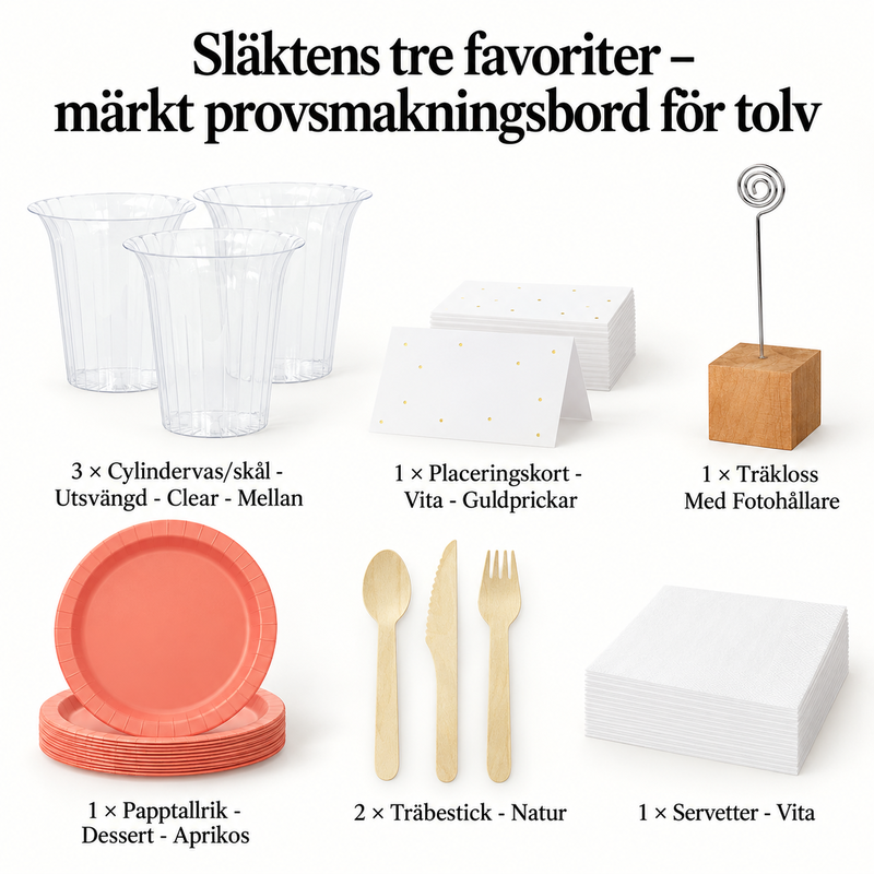 Släktens tre favoriter – märkt provsmakningsbord för tolv – innehåll och antal försäljningsförpackningar