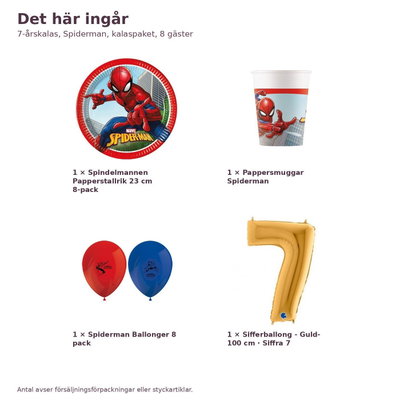 7-årskalas, Spiderman, kalaspaket, 8 gäster – innehåll och antal utan servetter