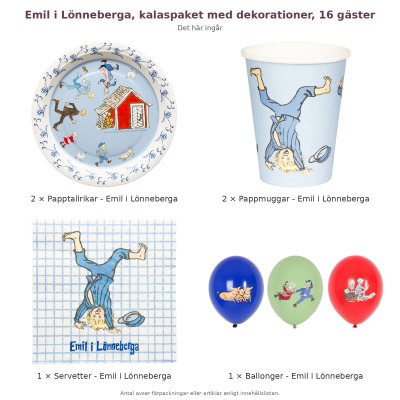 Emil i Lönneberga, kalaspaket med dekorationer, 16 gäster – innehåll och antal förpackningar