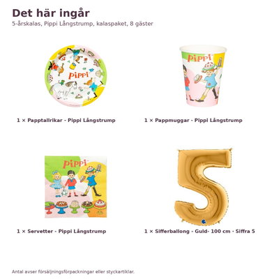 5-årskalas, Pippi Långstrump, kalaspaket, 8 gäster – innehåll och antal, sifferballong 100 cm