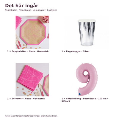 9-årskalas, Neonkalas, kalaspaket, 6 gäster – innehåll och antal, sifferballong 100 cm