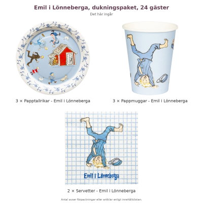 Emil i Lönneberga, dukningspaket, 24 gäster – innehåll och antal förpackningar