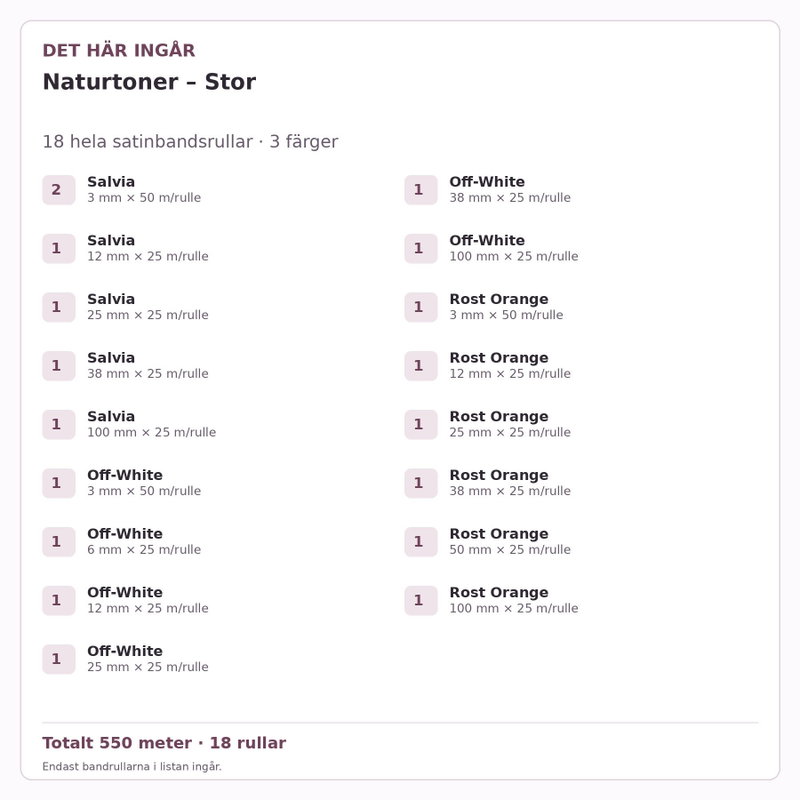 Det här ingår – Satinbandspaket – Naturtoner – Stor – 18 rullar