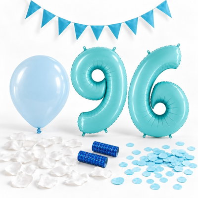 96-års festpaket, Blått, Stor – paketets dekorationer på vit bakgrund