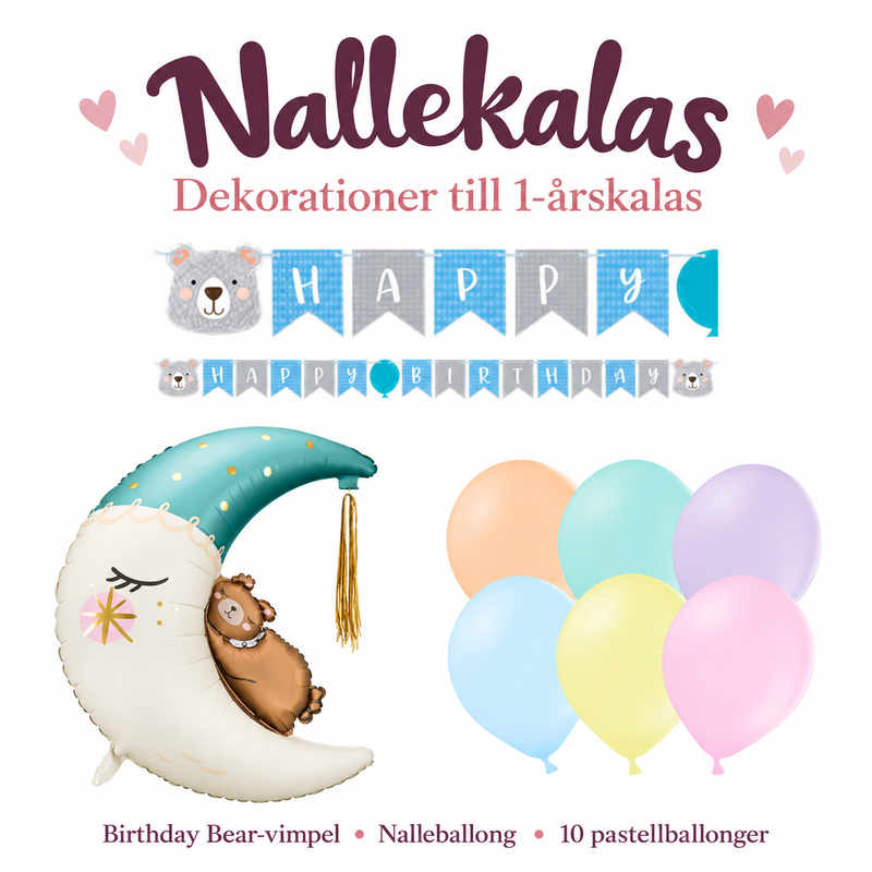 Nallekalas, dekorationspaket till 1-årskalaset – översikt av ingående delar