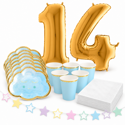 14-årskalas, Pyjamasparty – moln och stjärnor, kalaspaket, 6 gäster – samlat paketinnehåll