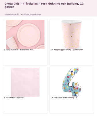 Greta Gris – 4-årskalas – rosa dukning och ballong, 12 gäster – innehåll och antal